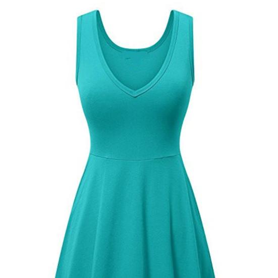Frauen Kleid V-Ausschnitt ärmellos A-Linie locker Saum große Schaukel reine Farbe hohe Taille OL