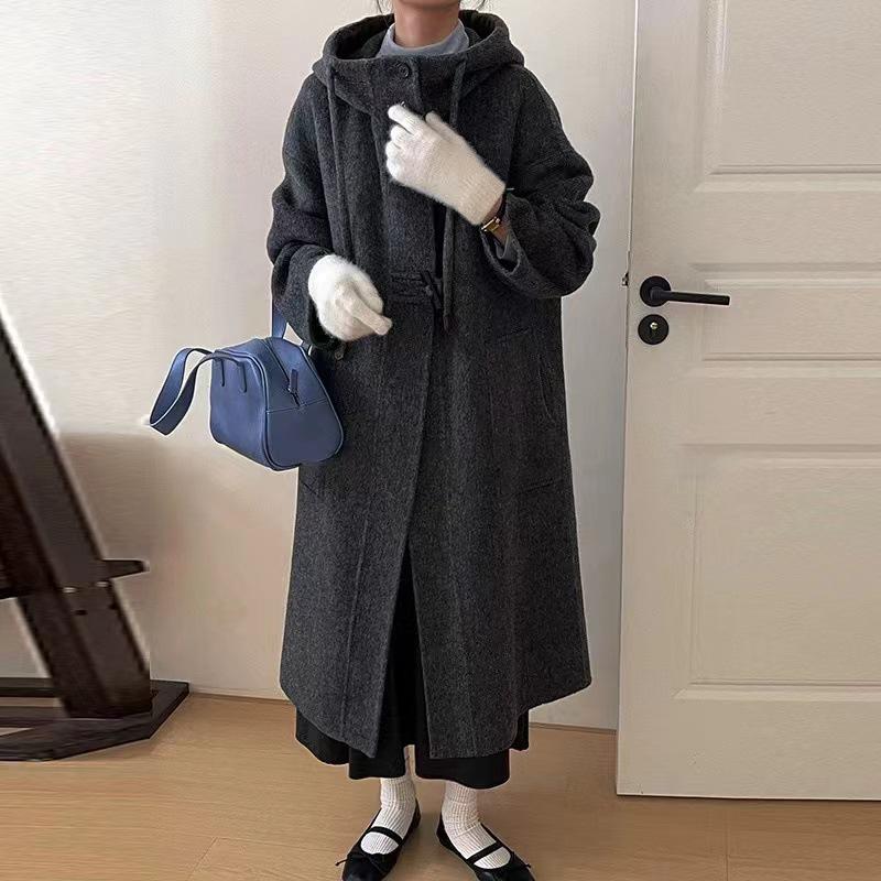 2025 Autumn/Winter Women's Loose Hooded Double-Sided Cashmere Coat with Horn Buttons