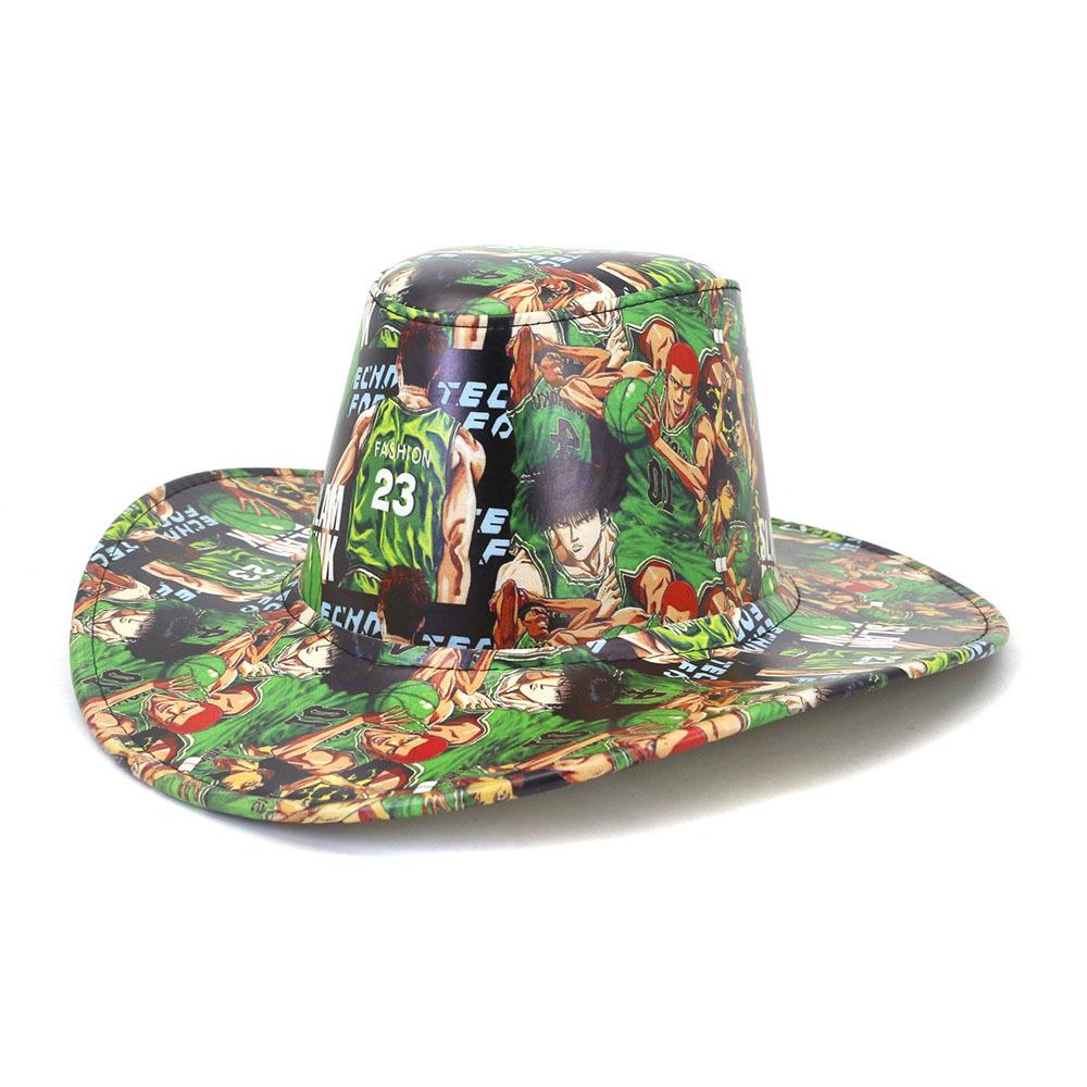 

Новое поступление 2022 года, женские ковбойские шляпы в стиле вестерн, из искусственной кожи с широкими полями, вечерние шляпы в стиле пастушки, уличные граффити, хип-хоп, джазовые кепки 56-58cm