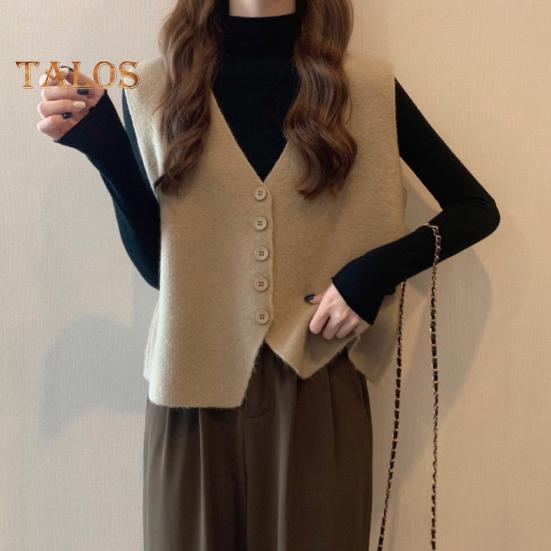 Jesień Zima Damska Kamizelka Dekolt w Serek Zapinana Na Guziki Jednolity Kolor Luźna Dzianina Gruba Utrzymuje Ciepło Bez Rękawów Luźny Sweter Top