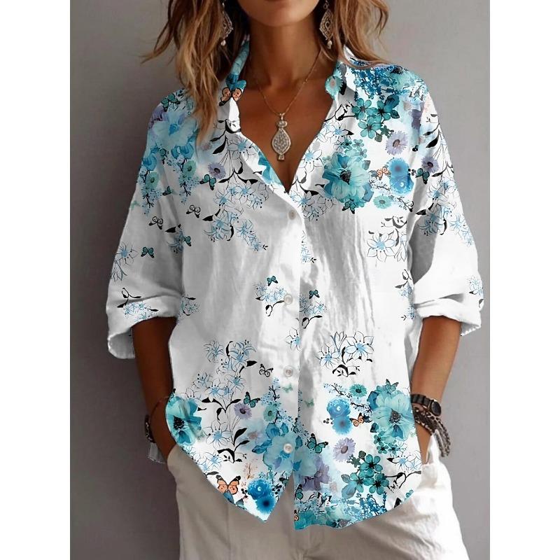 Sommer Damenhemd Blume Aktiv Stilvolle Bluse Reverskragen Bluse Damen Langarmhemden Damenbekleidung Damenkleidung