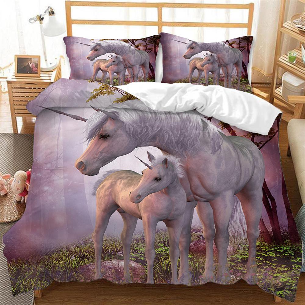 Blue Unicorn Duvet Cover Set Wild Animals Horse Polyester Bedding Set King Queen Full Size For Kids Boys Girls Comforter Cover