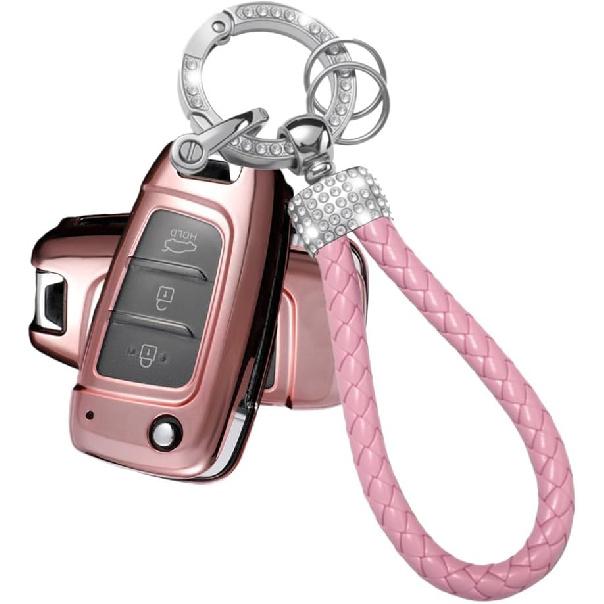 Key Fob Cover Case Compatible with Hyundai Venue Accent Kona SE Santa Fe Palisade Key Shell Protector with Bling Keychain 3 Button B Red