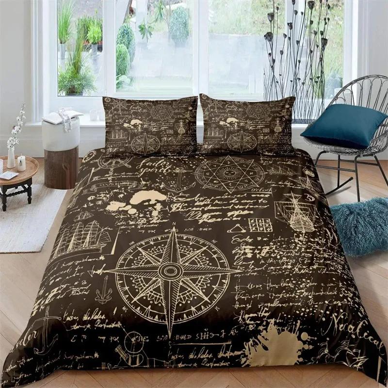 Duvet Cover Compass and Wind Rose Nautical Theme Voyage Words Decorative Bedding Blue White Room Decoration for Women Men Gifts