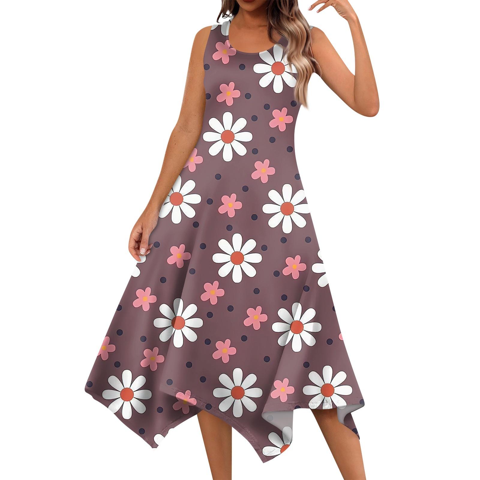 

Жіноча повсякденна модна сукня міді з круглим вирізом і квітковим принтом без рукавів із нерівним подолом L винний