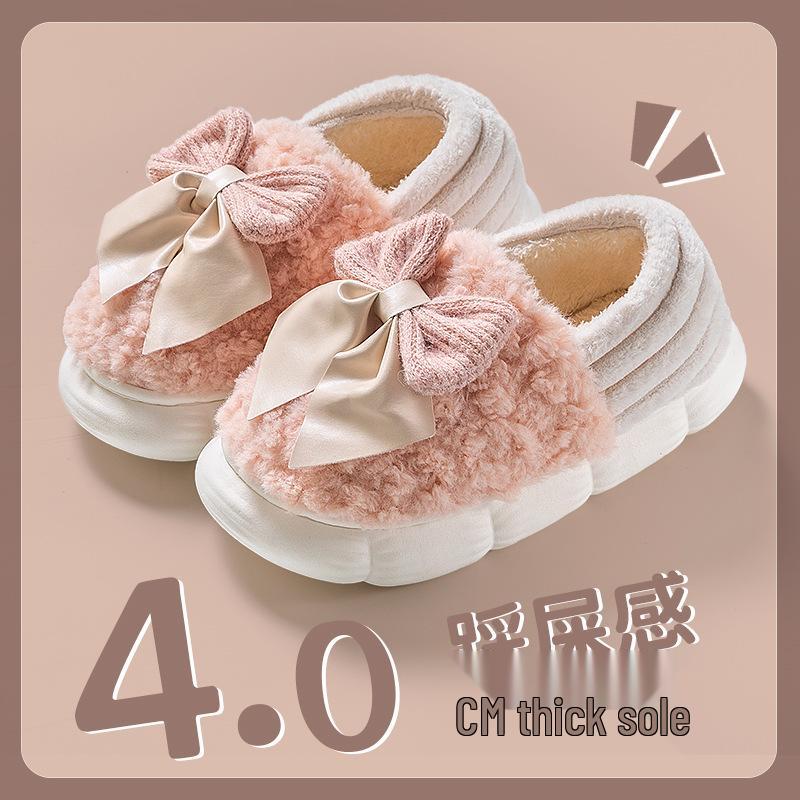 

Winter 2024 Anti-Slip Bowknot Cotton Slippers for Women & Men - Indoor Plush Fur Shoes Size 40-41 for 39-40 feet