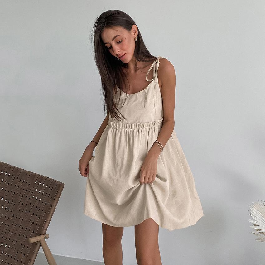 Spring/Summer new European and American sexy spaghetti camisole dress, salt-style vacation loose cotton-linen A-line skirt