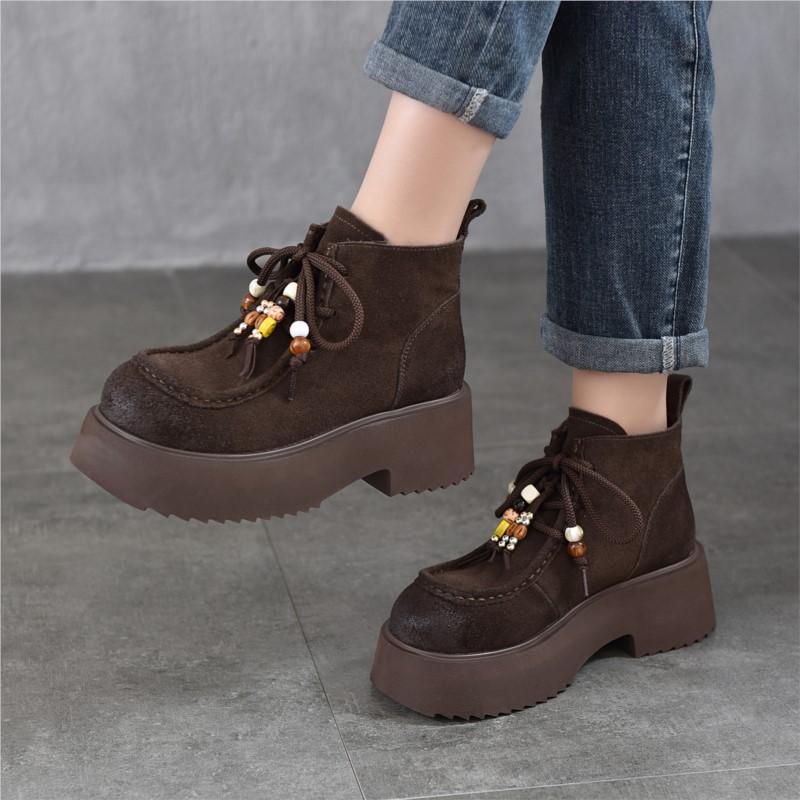 Johnature Thick Soled Handmade Beaded Round Toe Genuine Leather Short Boots Women's Lace-up Ankle Boots