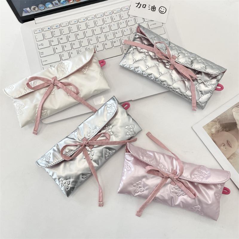 Quilted Bow Flip Pencil Bag Change Bag Women's Portable Storage Bag Multifunctional Student Stationery Box