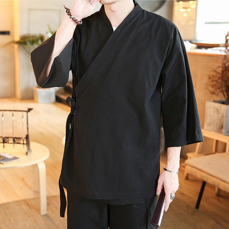 

Summer Thin Seven Point Sleeve Cardigan Jacket Men s Casual Short Sleeve Manteau Hanfu Jacket XXXXXL чорний
