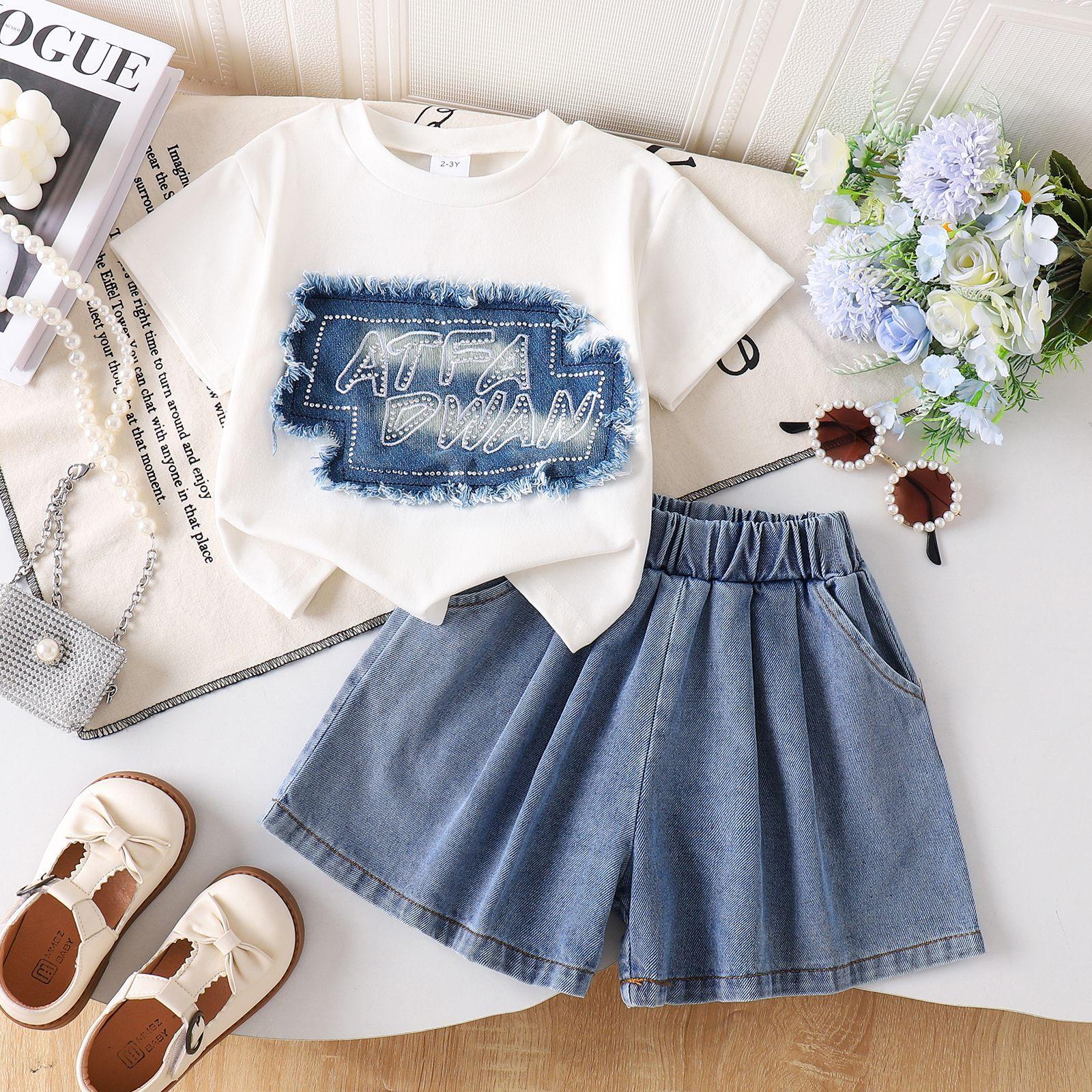 Children s Fashion Set: Summer Girls Casual Letter T-Shirt + Vintage Denim Skirt Set 2-3Y