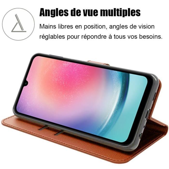 Coque pour Samsung Galaxy A24 Effet Cuir Marron Protection Renforcée Fermeture Magnétique Antichoc