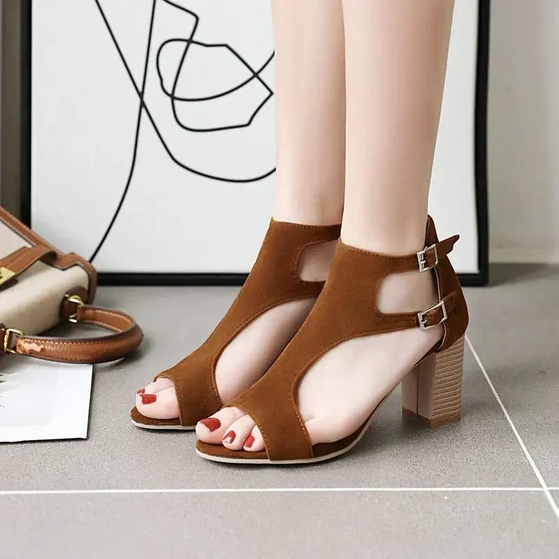 

Весна и лето, новый стиль, модные женские босоножки на высоком каблуке, повседневные туфли с открытым носком и Т-образной пряжкой, 7 см, большие размеры 34-45 45 жёлтый