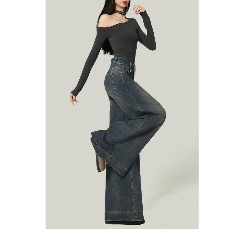 Jeans Reto Desgastado Retro Plus Size Feminino Calças Novas Femininas Design de Cintura Alta Calças de Perna Larga