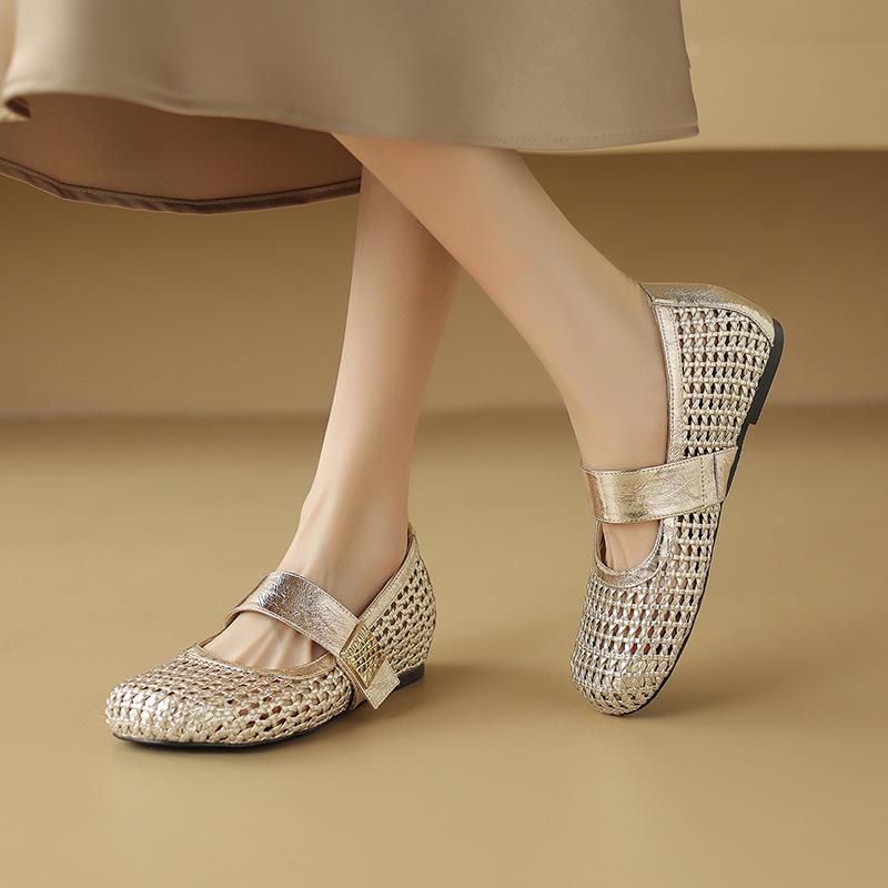 2025 Summer New Woven Cowhide Fashion Breathable Hole Shoes with Silver Inner Height Increase Sandals Women's 40