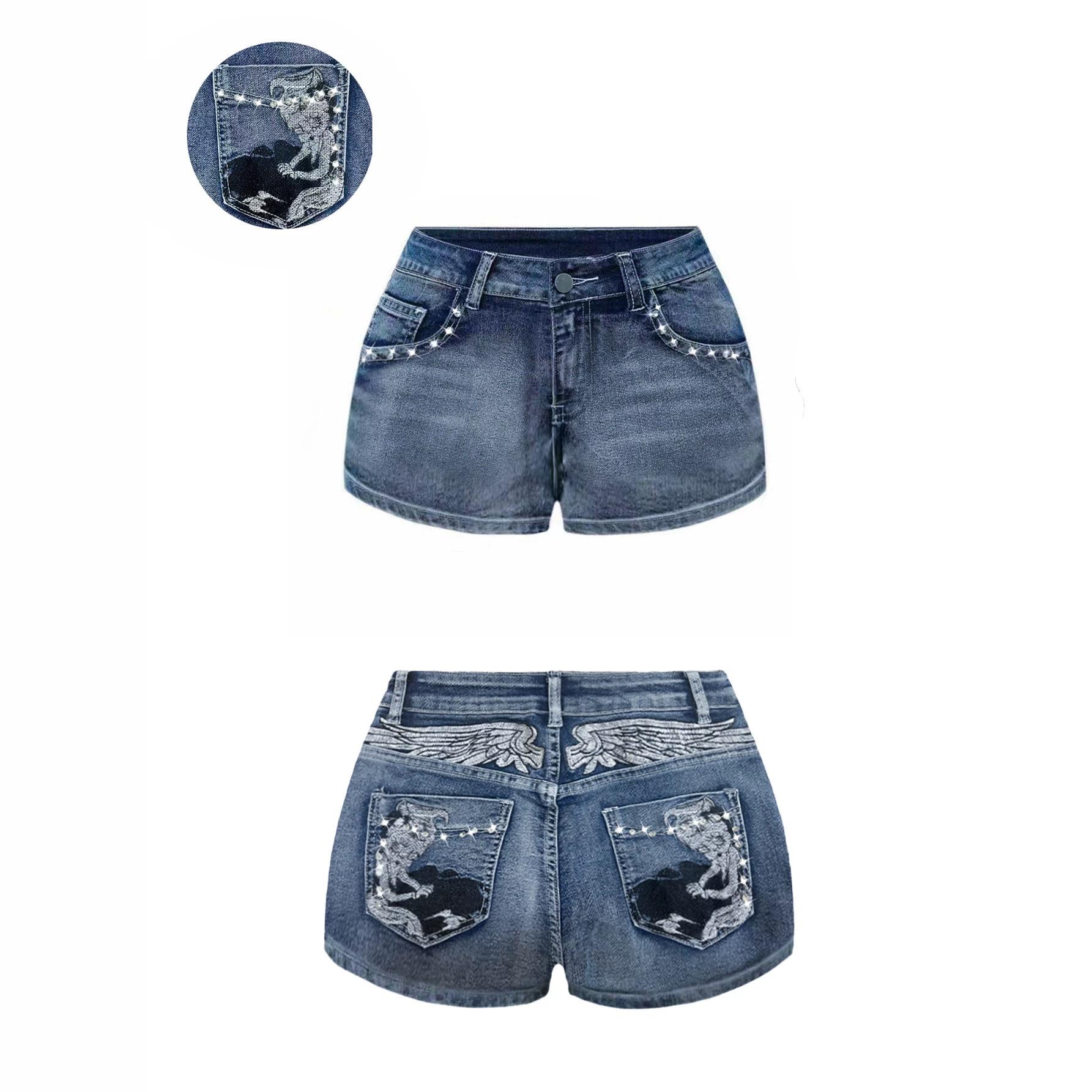 Women S Light Blue Denim Shorts Cartoon Embroidery Rhinestone Hot Pants XS синий