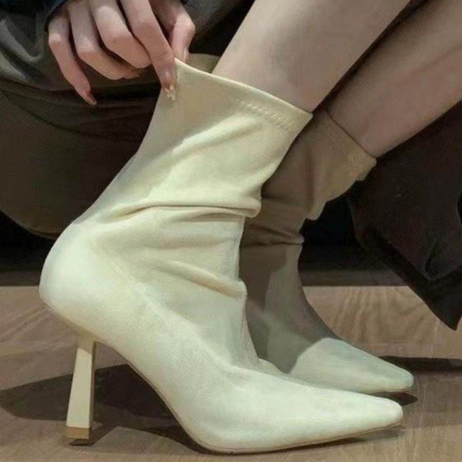 High heel thin elastic short boots women's 2025 autumn and winter new socks boots pointed thin heel beige Internet celebrity thin boots