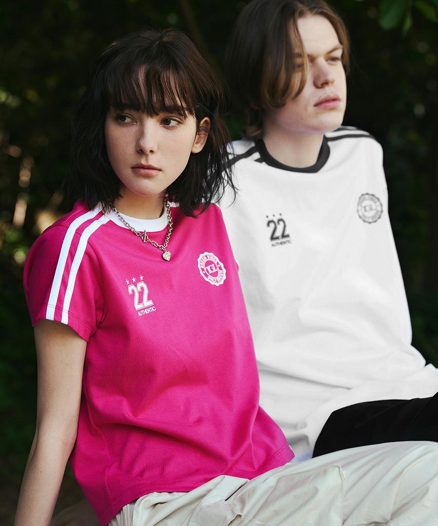 THE GREEN LAB Soccer Football Color Block Short Sleeve T-Shirt [White-Black]