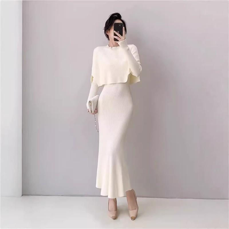 Elegant French-Inspired Knit Wrap Shawl Dress Set Slim Fit Longline Sweater Skirt Outfit Women Fall Winter