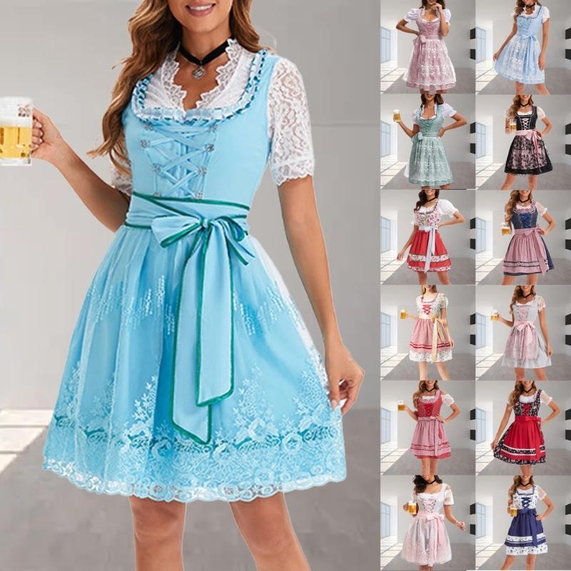 German Bavarian Oktoberfest Costume Set,Halloween Beer Costume Dirndl Dresses Blouse Apron Bows Ribbon for Adult Women