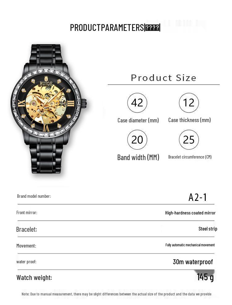 RUIGE Men's Automatic Skeleton Watch, Stainless Steel, Diamond Inlaid, Luminous, Waterproof, Trendy.