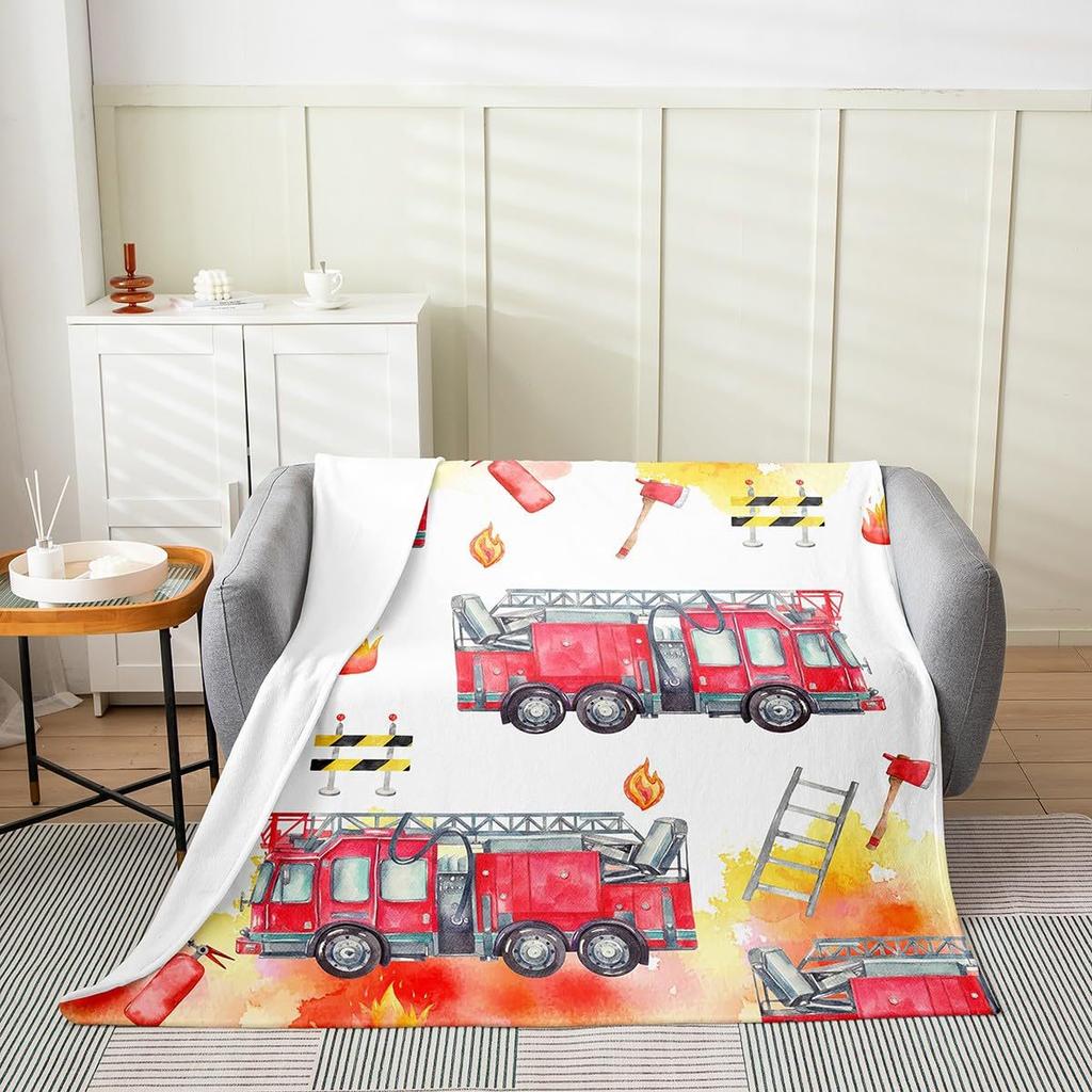 Cartoon Fire Engine Printed Blanket for Sofa Bed Travel Camping Living Room Office Conditioning Blanket for All Seasons Gifts