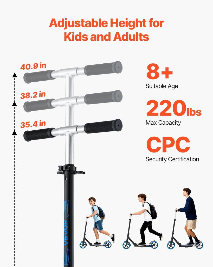 Kick Scooter for Kids Ages 8+, Teens & Adults, 2-Wheel Toddler Scooter with Adjustable Height Handlebar, Wide Anti-Slip Deck, Foldable Lightweight