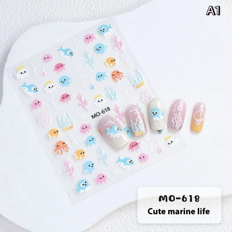 3D Summer Cartoon Nail Stickers Embossed Starfish Octopus Coral Sea Beach Theme Nail Decals for Nail Art Decoration