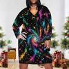 Women Plus Size V Neck Long Sleeve Green Leaf Printed Fitted Dress