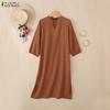 ZANZEA Women Casual V-Neck Solid Color 3/4 Sleeve Dress