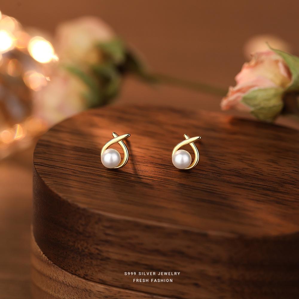 

Line Crossing Water Droplets Mimic Pearls 999 Sterling Silver Earrings for Women Classic Luxury temperament Jewelry золотий