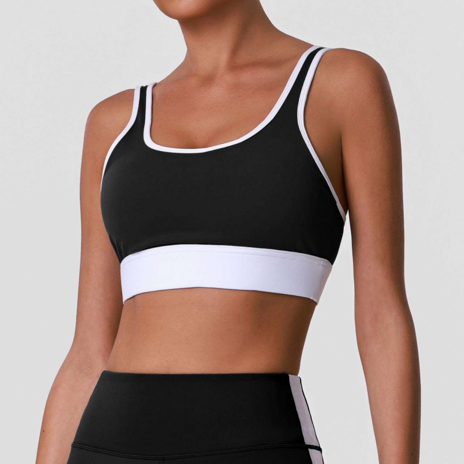Women s U Neck High Impact Sports Bra with Removable Pads Colorblock Workout Yoga Top S чёрный