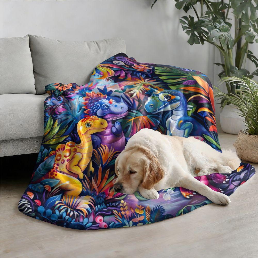 Soft Flannel Blanket Cartoon Jungle Dinosaur Print Throw Cozy Warm Bedding Blanket for Couch Sofa Bed Decorative Gift Blanket