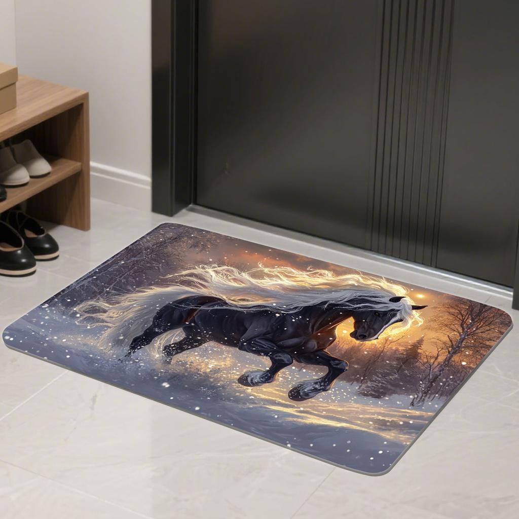 Winter Horse Door Mat Flannel Soft Kids Rug Fantasy Animal Print Kitchen Bedroom Floor Mat Anti Slip