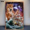Vintage Metallväggkonst Japansk Shiba Inu Hund & Stormig Skeppsscen