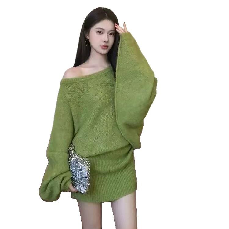 American Spice Girl Lazy Premium Autumn and Winter Knitted Dress Loose Bat Sleeve Off Shoulder Short Hip Wrap Dress