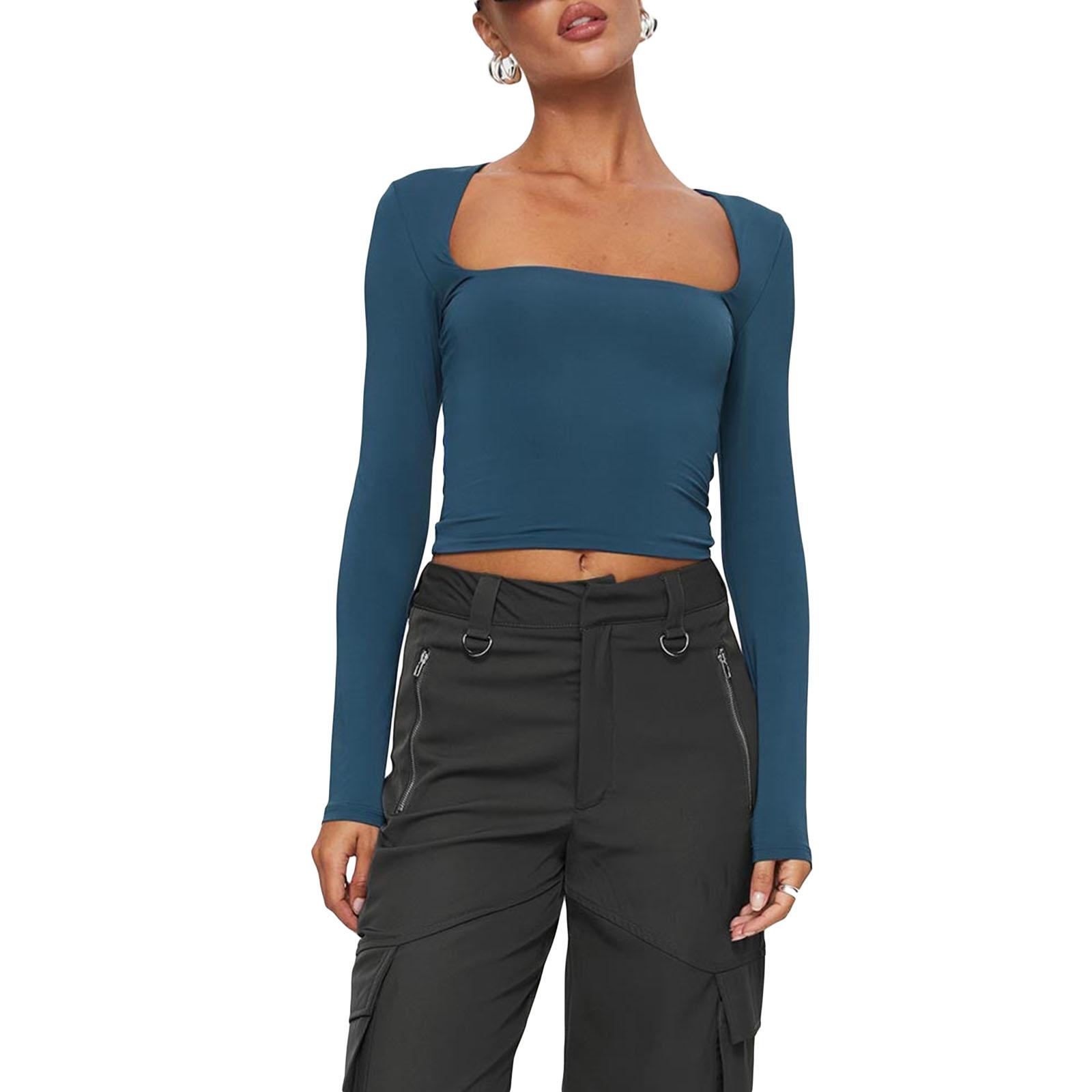 

Женские облегающие укороченные топы с длинным рукавом и квадратным вырезом, однотонные футболки, нарядные блузки L