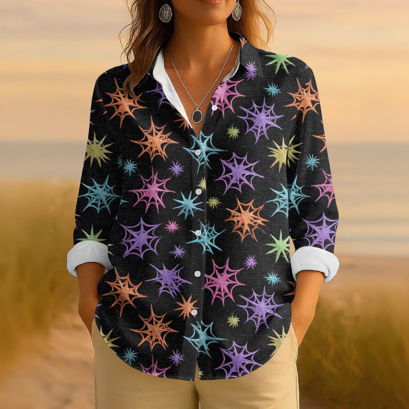 

Women s Retro Halloween Printed Button Up Long Sleeved Casual Regular Shirt Collar Top L чорний