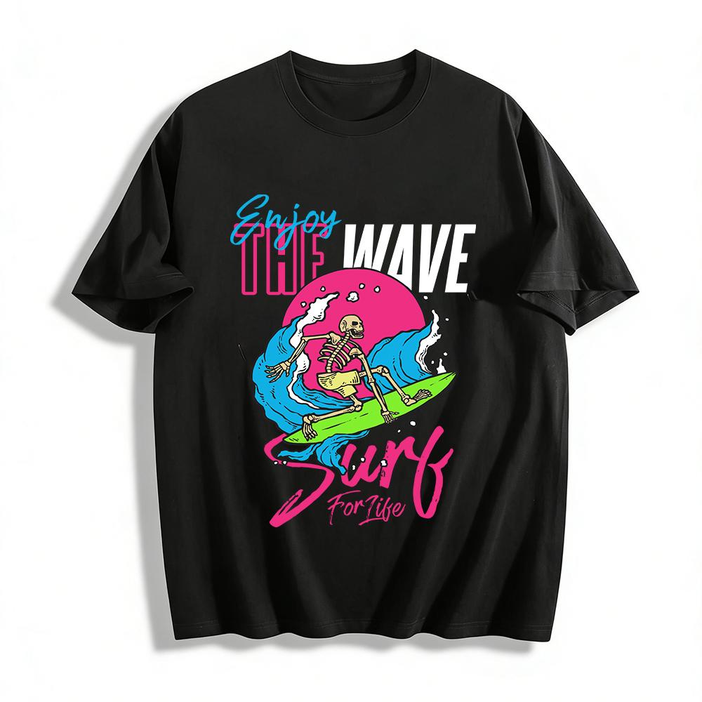 Skull Surfing Graphic Tee Enjoy The Surf For Life Casual T-Shirt Pure cotton T-shirt XXS
