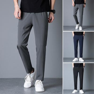 Men Suit Pants Loose Stretchy Straight Drawstring Elastic Waist Soft Breathable Solid Color Gym Traning Jogging Sweatpants Ninth Trousers