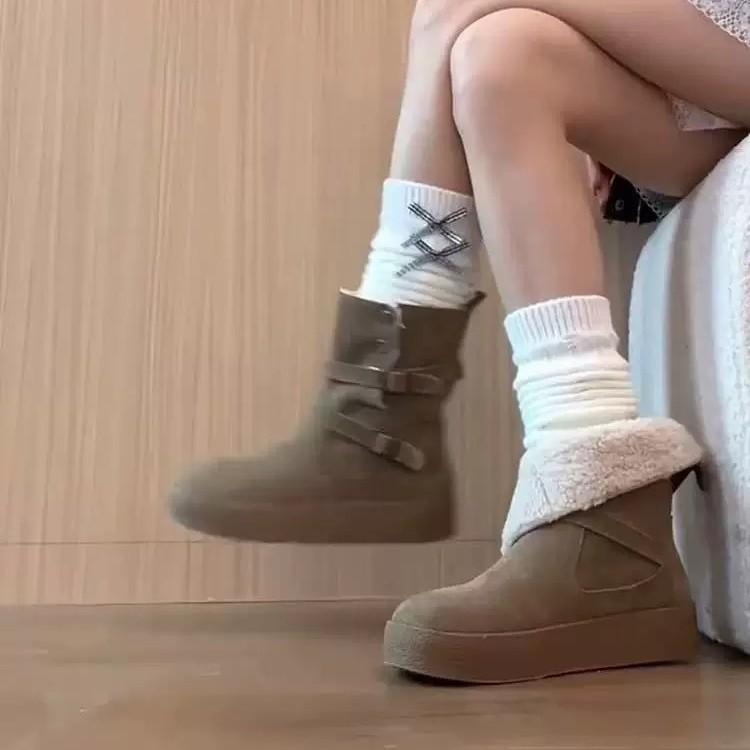 Thick-soled Outer Wear Velvet Snow Boots for Women's Autumn and Winter New Belt Buckle Non-slip Two Wear Heightening Western Boots Short Boots for 