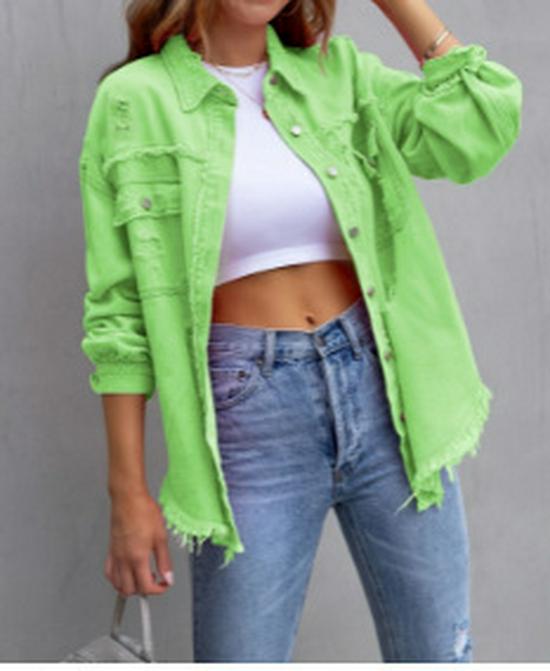 Women's 2025 European & American Solid Color Ripped Denim Jacket - Loose Fit, Long Sleeve