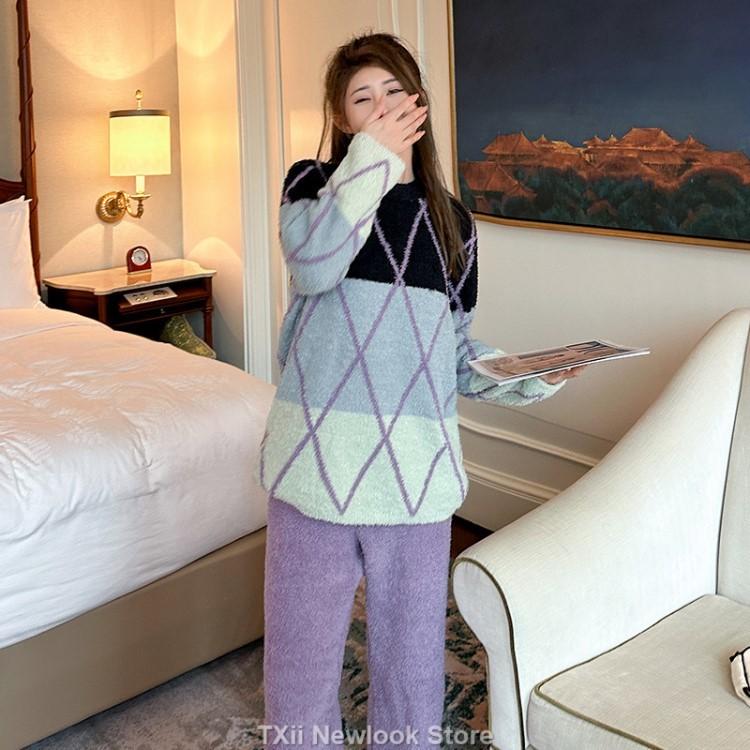 

Мягкая пижама женская осень и зима новый простой свободный повседневный полубархатный утолщенный теплый домашний комплект одежды One Size