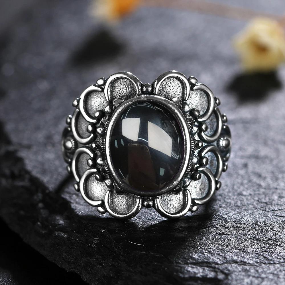 Vintage 925 Sterling Silver Black Onyx Ring Oval Shape Natural Stone Certified Fine Jewerly Retro Silver Rings for Women Men