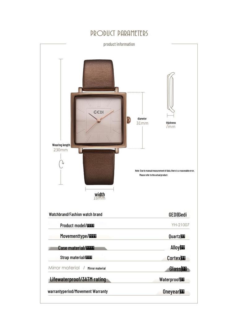 Gedi Damen Retro Großes Zifferblatt Quadratisches Lederarmband Wasserdicht Quarz Uhr mit Datum