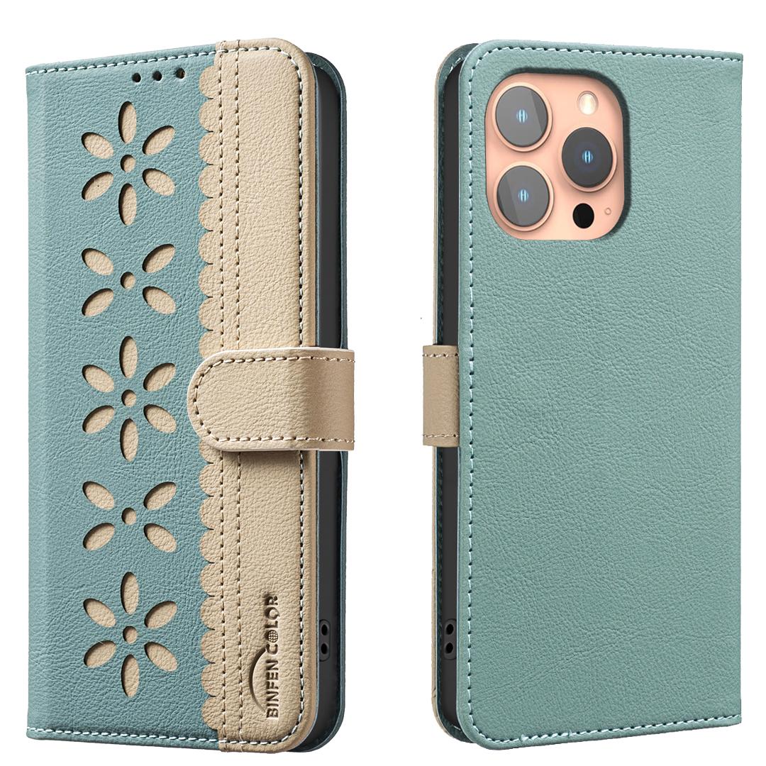 

For iPhone 16 Pro Leather Case BINFEN COLOR BF36 Floral Pattern Phone Cover RFID Blocking Wallet Stand C