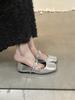Fashion 2025 Silver Leather Mary Jane Single Shoes Women's Retro Buckle Soft French Style Flat Head Toe Square Summer Rubber Sole Shoes