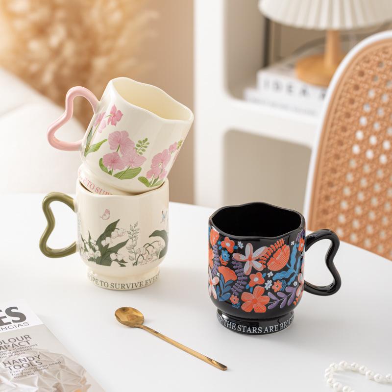 Linglong Flower Coffee Cup And Saucer Set High Value Ceramic Original Watercolor Painting Fashion Ceramic Coffee Cup And Saucer