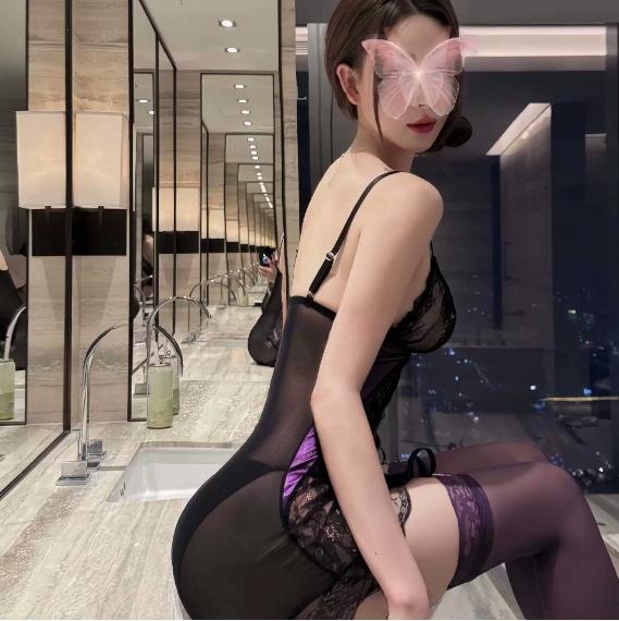New large size purple erotic underwear lace hollow perspective nightdress free sexy hip skirt suspender