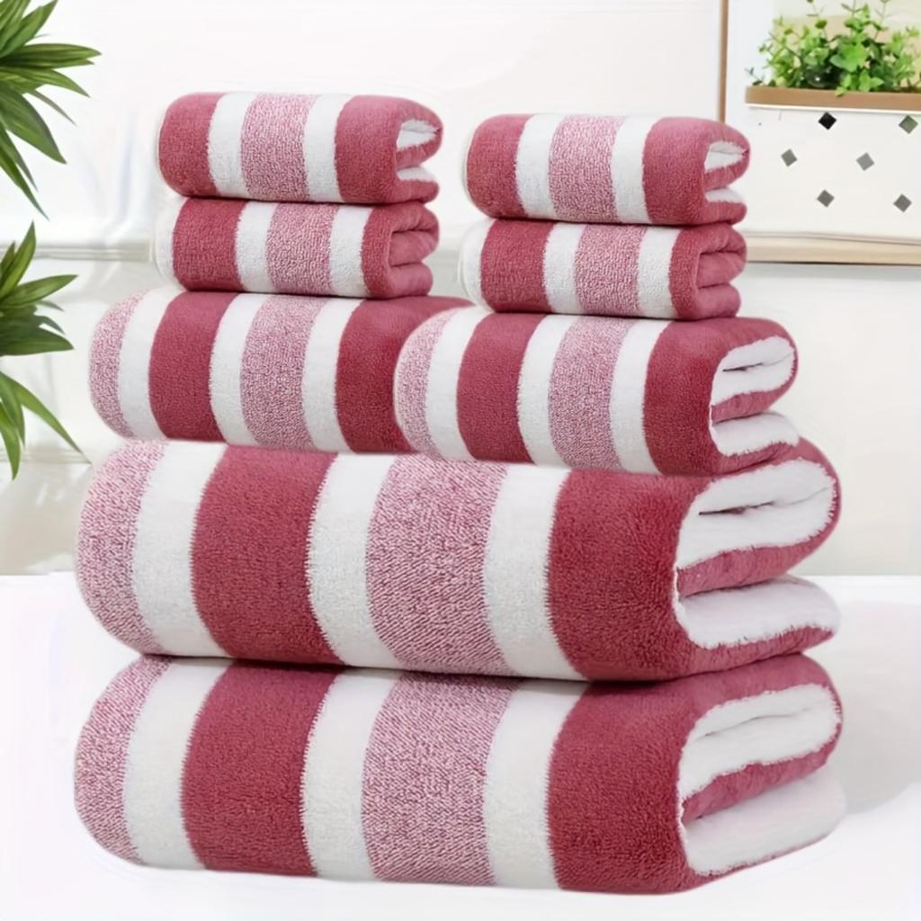 8pcs Of Non-Hair-Free Super Absorbent And Ultra-Soft Five-Star Hotel Standard Two-Color Striped Bath Towel Towel Set, Including 2 Bath Towels